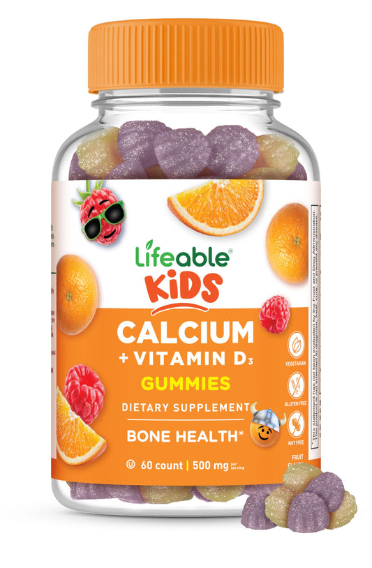 Lifeable Kids Calcium Gummies bottle display, tasty bone-support supplement for growing children.