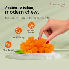 LifeCentric Health gomitas sobre mesa de cocina en ambiente familiar, uso práctico diario
