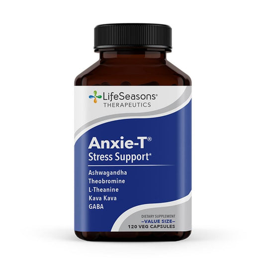 LifeSeasons Anxie-T frasco frontal mostrando etiqueta y beneficio calma