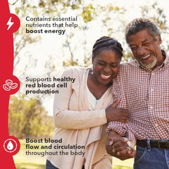 LifeSeasons Blood Nourish-R: etiqueta frontal destacando hierro y B12 para bienestar diario.