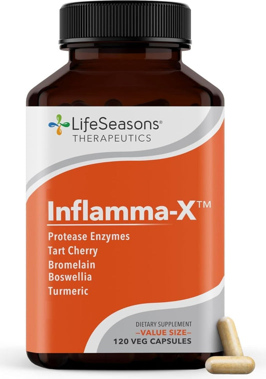 LifeSeasons Inflamma-X en bote: cápsulas para apoyar la recuperación diaria.