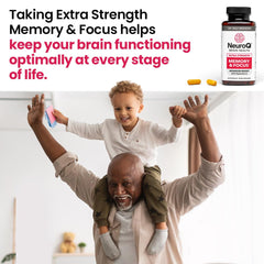 Label close-up reveals neuro-support blend designed to promote healthy brain function.