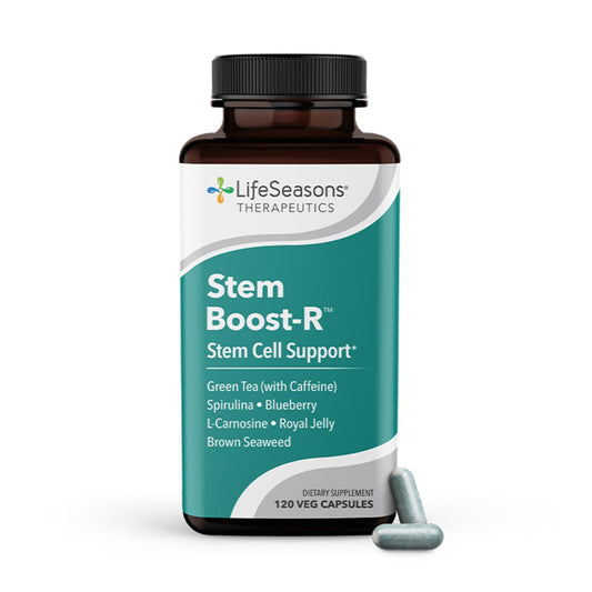 LifeSeasons Stem Boost-R cápsulas en caja, apoyo integral para tejidos y energía diaria.