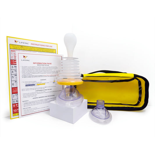 LifeVac kit vista frontal con estuche amarillo, identifica y localiza rápido