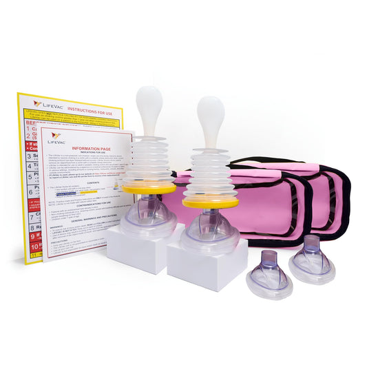 LifeVac primer plano frontal del kit rosa mostrando portabilidad y accesibilidad