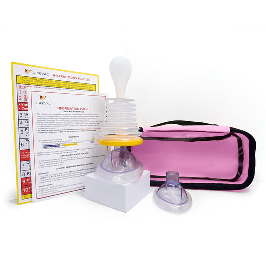 LifeVac kit rosa vista frontal con empaque, identifica y localiza rápidamente
