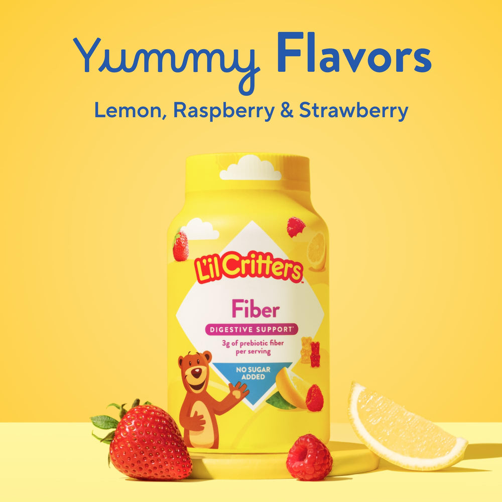 Lil Critters comparación visual con alimentos ilustra cantidad de fibra