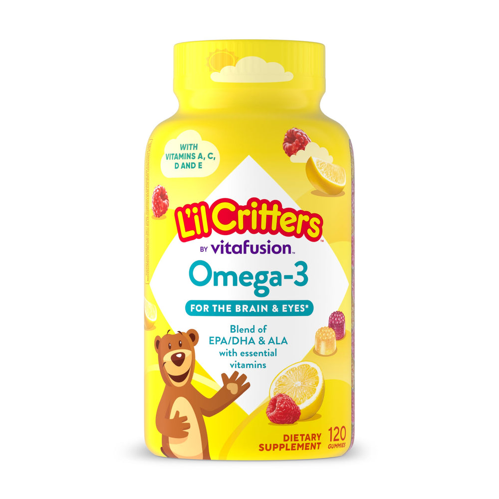 L'il Critters envase frontal mostrando 120 gomitas, fácil identificación del producto