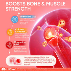 LILICARE ingredientes D3 K2 calcio magnesio resaltados para absorción