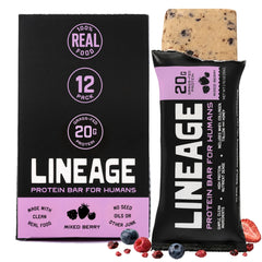 Lineage Provisions empaque frontal mostrando la caja y beneficio de proteína