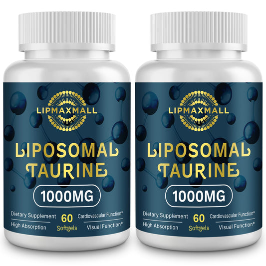 Lipmaxmall Taurina liposomada 1000mg, botella visible, absorción mejorada para bienestar diario.