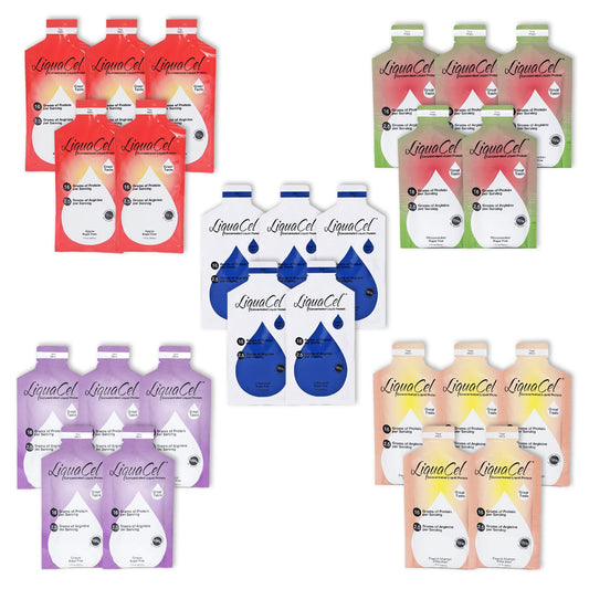 LiquaCel concentrated liquid protein packet showing 16g collagen and 2.5g arginine for convenient recovery