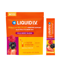 Liquid I.V. caja frontal Wild Berry mostrando diseño y conveniencia