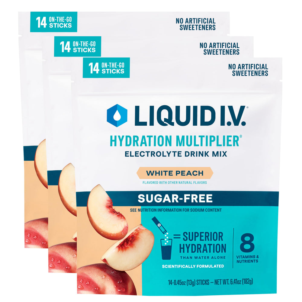 Liquid I.V. frente del empaque White Peach mostrando 42 sobres y conveniencia