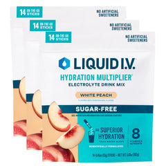 Liquid I.V. frente del empaque White Peach mostrando 42 sobres y conveniencia