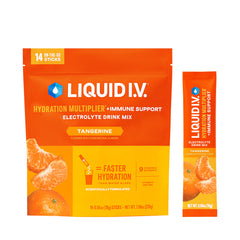 Liquid I.V. frente del paquete tangerine mostrando beneficios de hidratación