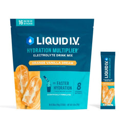 Liquid I.V. vista frontal del paquete mostrando 16 sobres y diseño atractivo