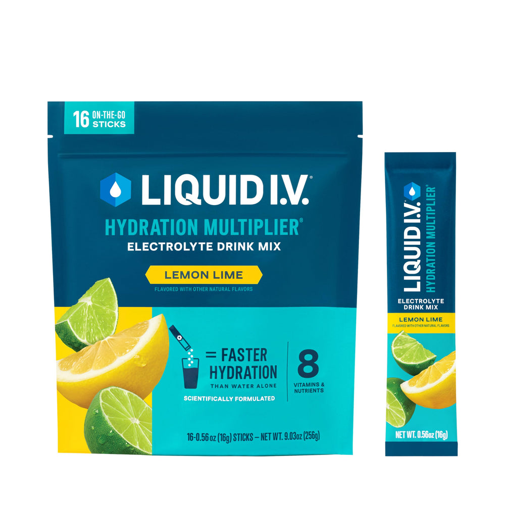 Liquid I.V. empaque frontal Lemon Lime mostrando conveniencia