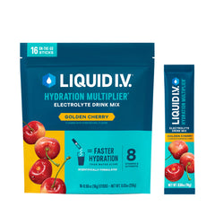 Liquid I.V. empaque frontal mostrando 16 sobres y beneficios