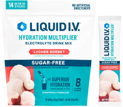 Liquid I.V. vista frontal del empaque mostrando 14 sobres y beneficios