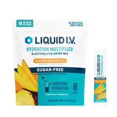Liquid I.V. frente del empaque mostrando 14 sobres y sabor mango piña, práctico