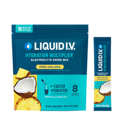 Liquid I.V. frente del empaque mostrando 16 sobres y beneficio portátil