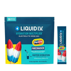 Liquid I.V. paquete de 30 sticks Popsicle Firecracker mostrando la caja y diseño, conveniente para llevar