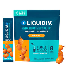Liquid I.V. empaque frontal Seaberry mostrando 16 sobres y beneficios