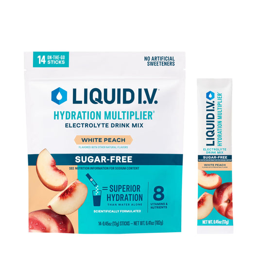Liquid I.V. empaque frontal mostrando 14 sobres y beneficio de hidratación rápida