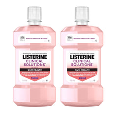 Listerine Clinical Solutions pack frontal dos botellas 1 L mostrando beneficio antiplaca