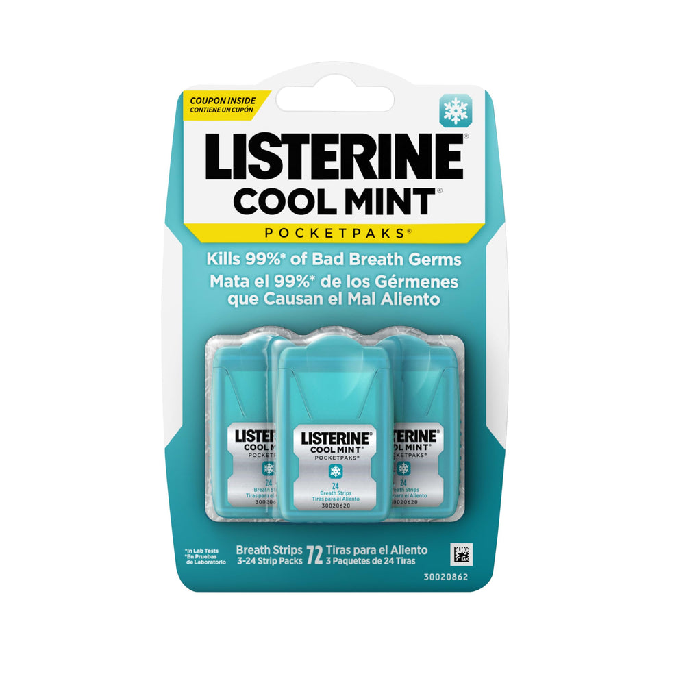 Listerine pack frontal mostrando estuches compactos y frescura instantánea