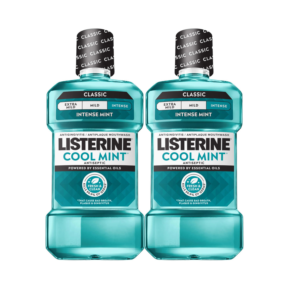 Listerine frente del envase mostrando el diseño y beneficio de frescura