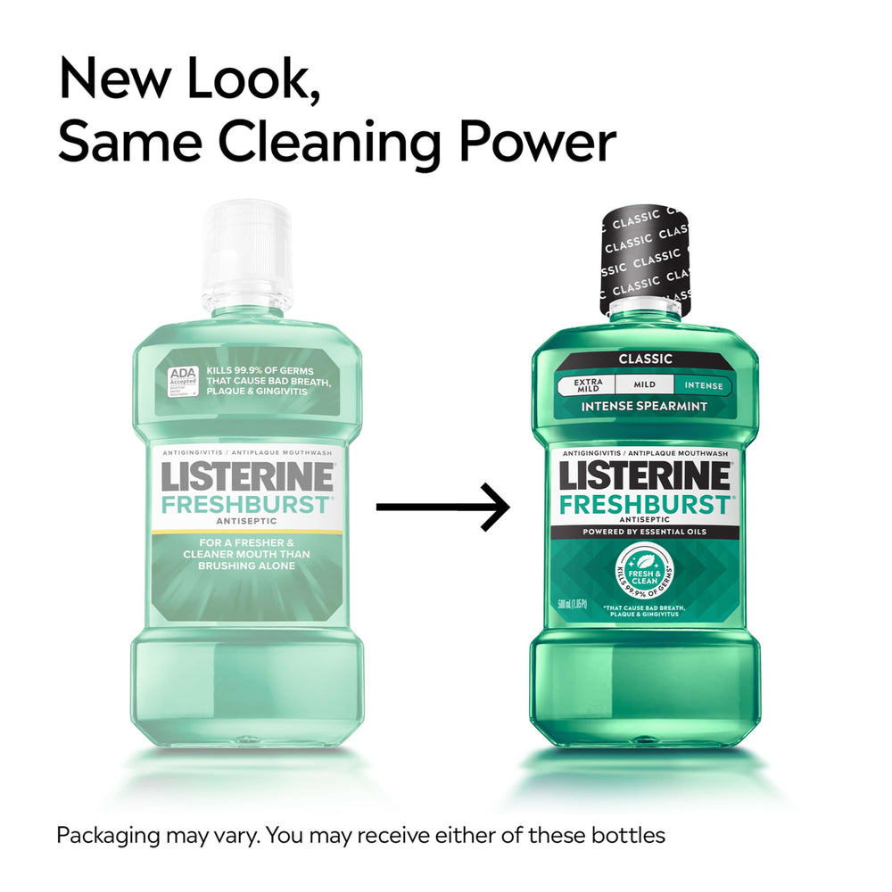 Listerine etiqueta detallada con beneficios y aprobación ADA