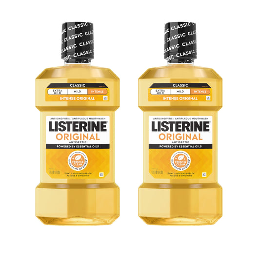 Listerine botella frontal pack mostrando doble 1 litro y frescura intensa