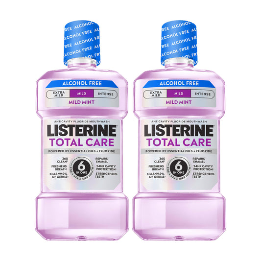 Listerine botella frontal 1L x2 mostrando etiquetado y presentación beneficios