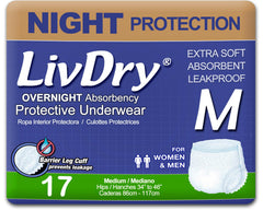 LivDry paquete frontal mostrando 17 unidades y protección nocturna