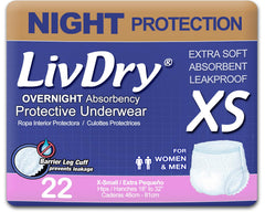 LivDry empaque frontal XS mostrando 22 unidades y comodidad
