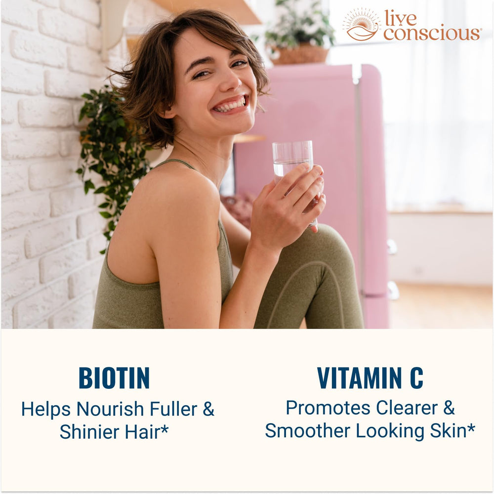 Live Conscious — cucharada con porción de polvo, dosificación práctica y clara