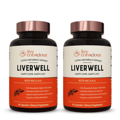 Live Conscious LiverWell vista frontal del envase, claridad de ingredientes