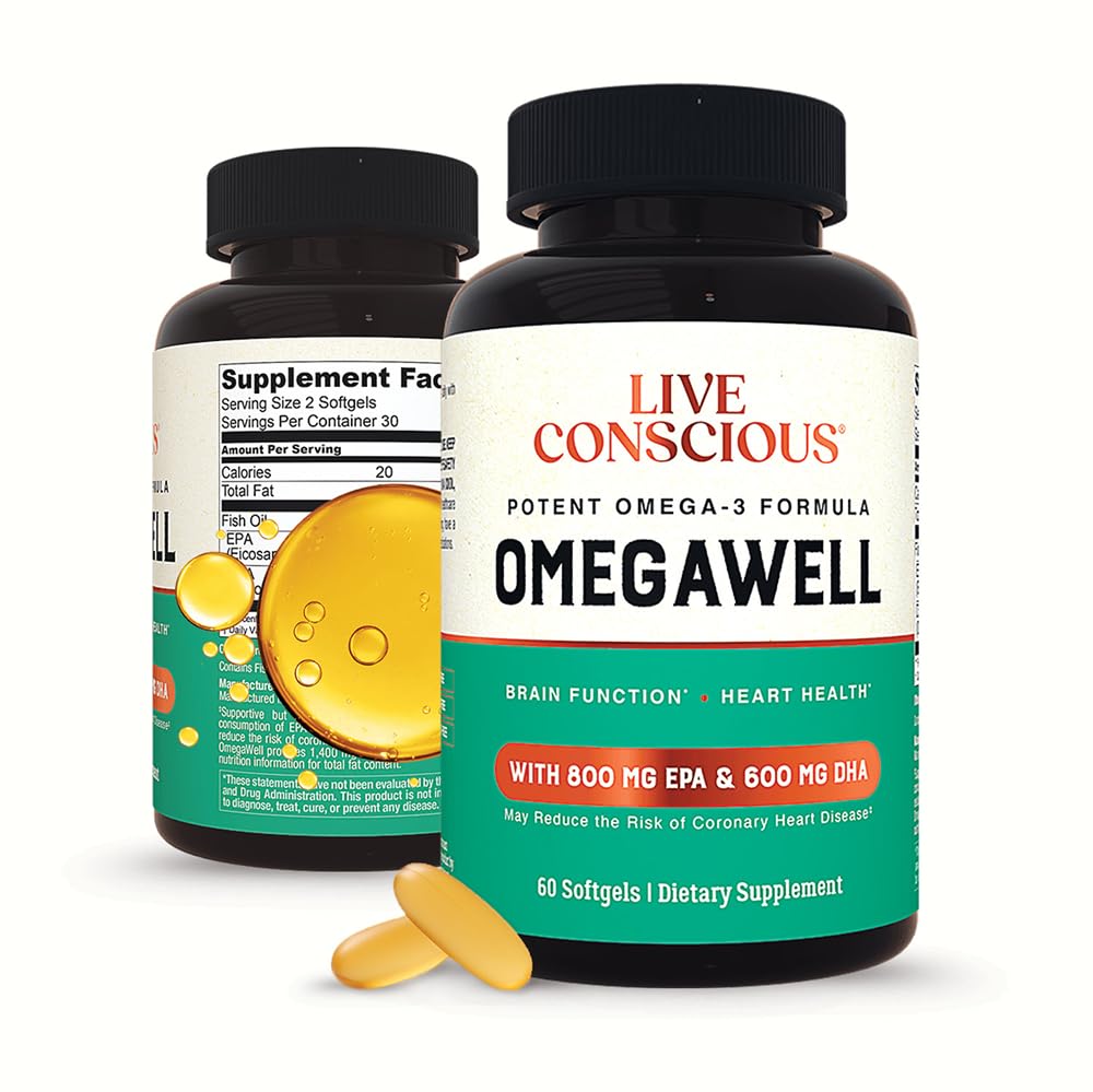 Live Conscious envase frente con diseño claro y dosis 2000 mg mostrando beneficios