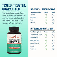 Live Conscious etiqueta de ingredientes destacando 800 mg EPA y 600 mg DHA por porción