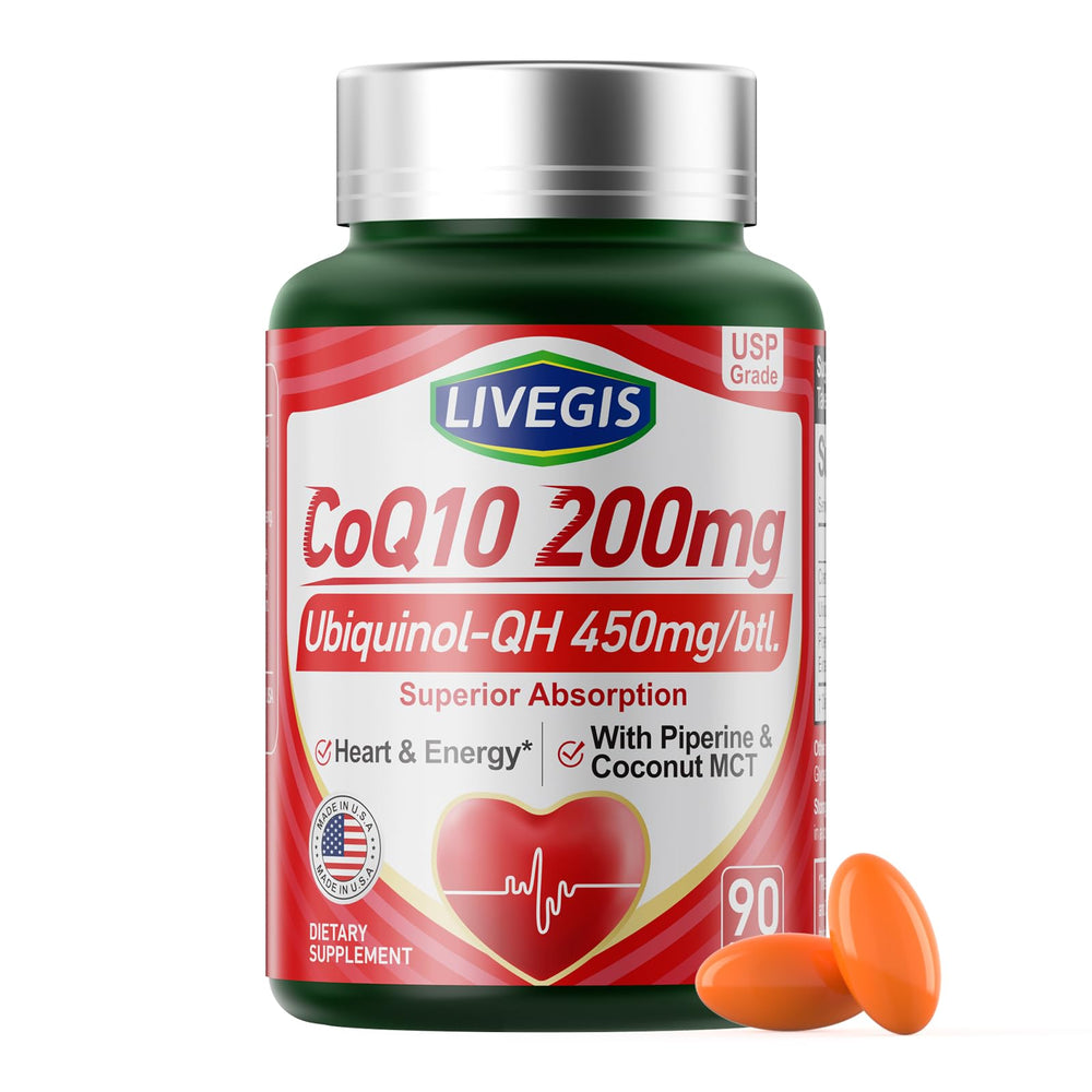 LIVEGIS CoQ10 softgels bottle front for daily energy support.