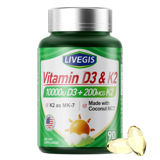 LIVEGIS Vitamina D3 K2: cápsulas con aceite de coco para absorción óptima.