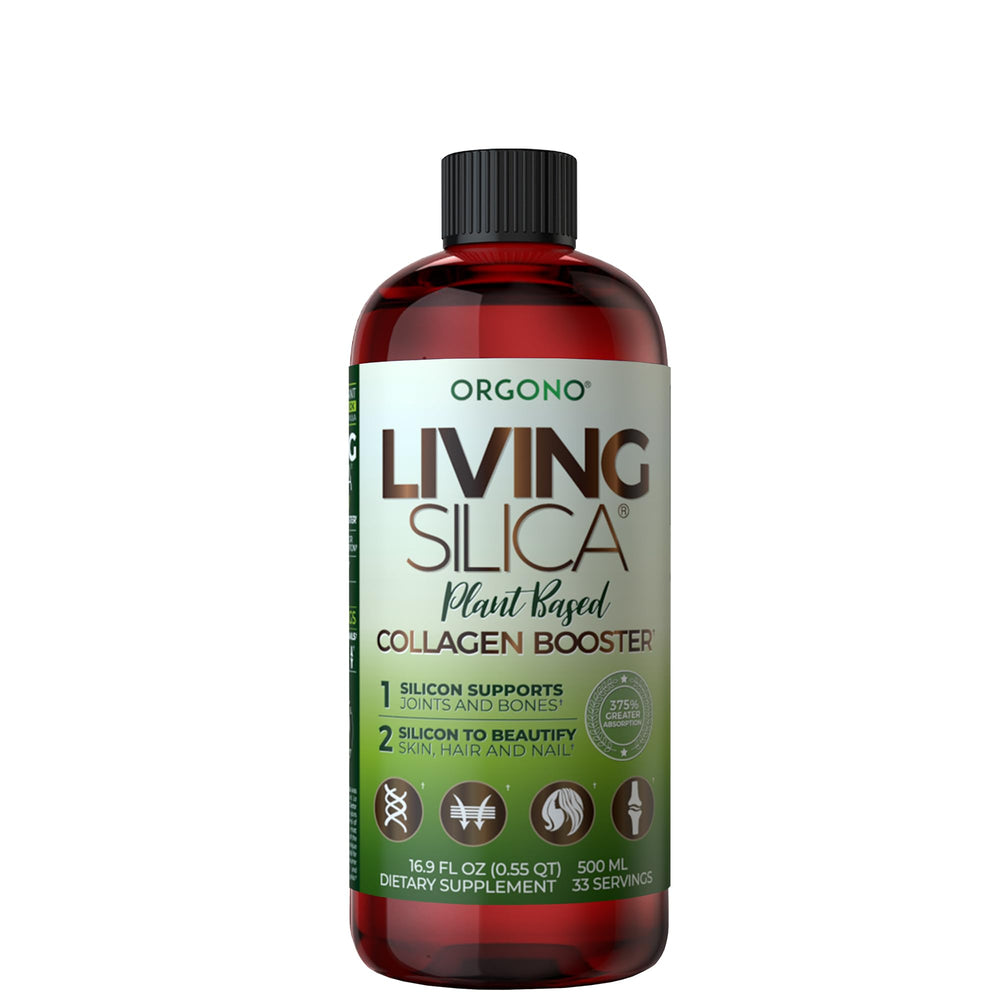 Living Silica botella frontal mostrando etiqueta y beneficio de absorción