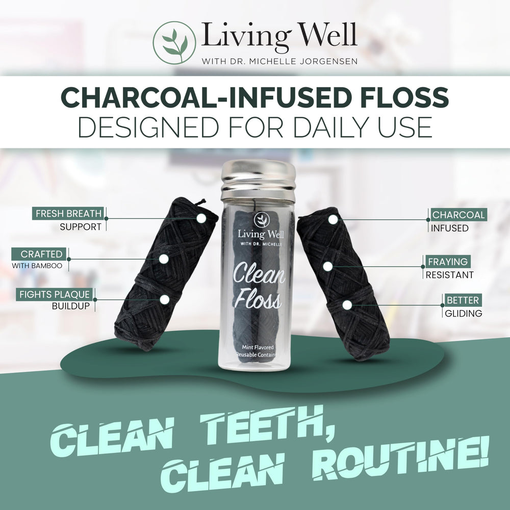 Living Well with Dr. Michelle hilo dental en uso entre dientes, demuestra limpieza eficaz y deslizamiento controlado