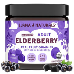 Llama Naturals frasco delantero mostrando 90 gomitas veganas y orgánicas, ideal para rutina diaria