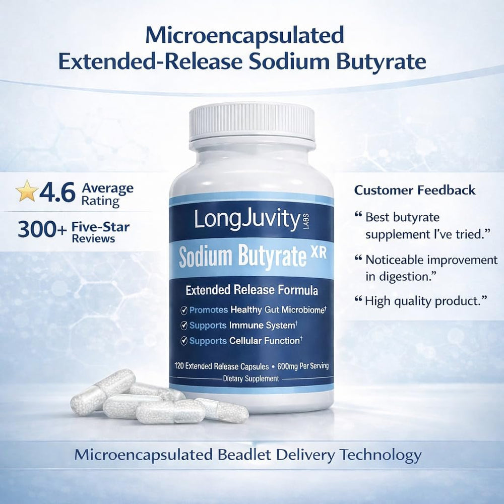 LongJuvity Labs cápsulas de 300 mg apiladas que facilitan la dosificación diaria