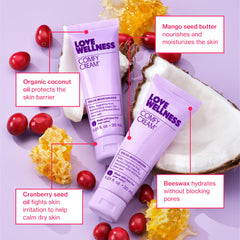 Love Wellness Comfy Cream aplicación en la mano, confort tópico tras depilación