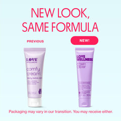 Love Wellness Comfy Cream tubo abierto mostrando textura cremosa, hidratación sin grasa