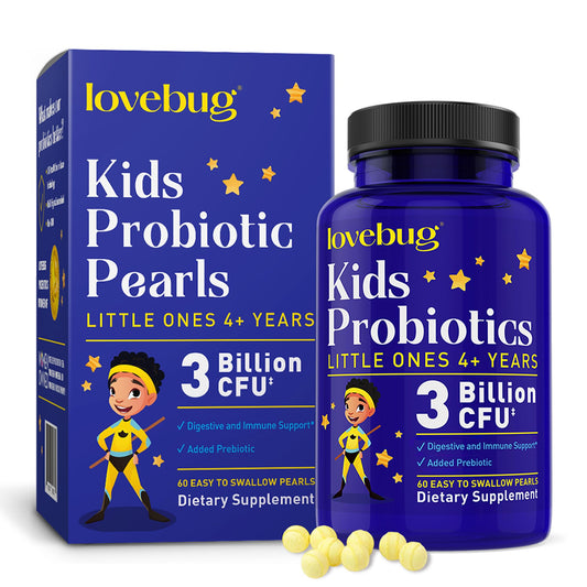 LOVEBUG envase frontal mostrando probiótico infantil y beneficios claros
